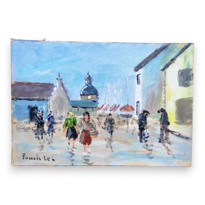 a painting of a group of people walking down the street
