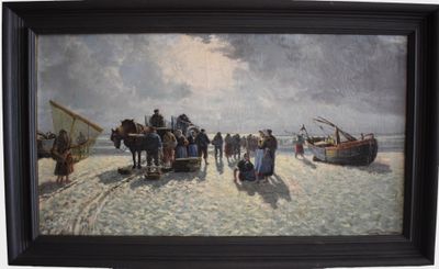 a painting of people on the beach with a horse drawn carriage