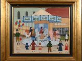 a picture of a painting of a family playing outside