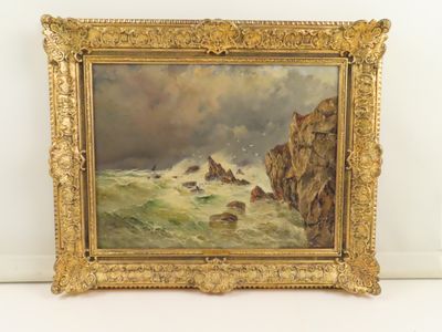 une image représentant un tableau d'une côte rocheuse avec des vagues qui déferlent