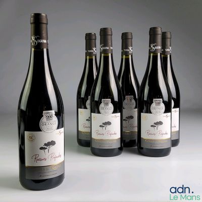 six bottles of wine are lined up in a row on a table