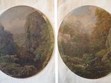 deux photos d'un tableau représentant un paysage de montagne, avec une rivière au premier plan et une forêt à l'arrière-plan