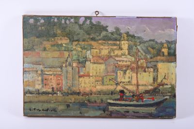 a painting of a boat in the water next to a building