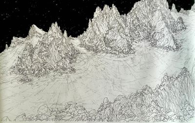 un dessin en noir et blanc représentant une chaîne de montagnes