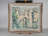 peinture sur chevalet représentant un pont avec un bâtiment en arrière-plan