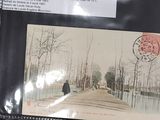 a picture of a postcard with a picture of a person walking down a road