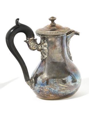 a silver coffee pot with a black handle on a white surface