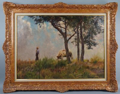 an oil painting of a man and a cow in a field