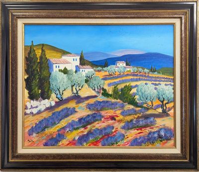 un tableau représentant un paysage avec des champs de lavande et une église au loin