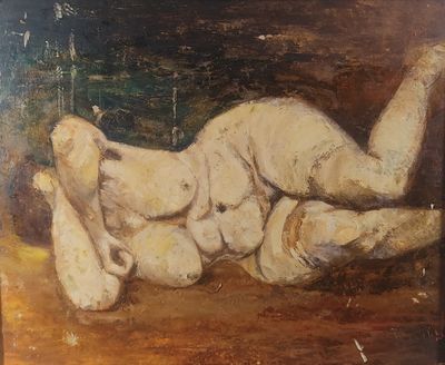 une peinture à l'huile représentant une femme nue allongée sur le ventre