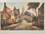 painting of a street scene with a church steeple in the background