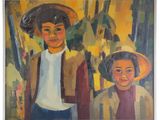 painting of two children with hats standing in front of a yellow background