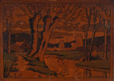 peinture représentant un paysage avec des arbres et un ruisseau au premier plan