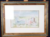 framed watercolor painting of a woman laying on the grass