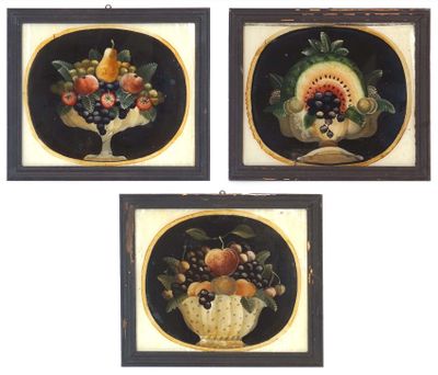 three framed paintings of fruit in a basket on a white background