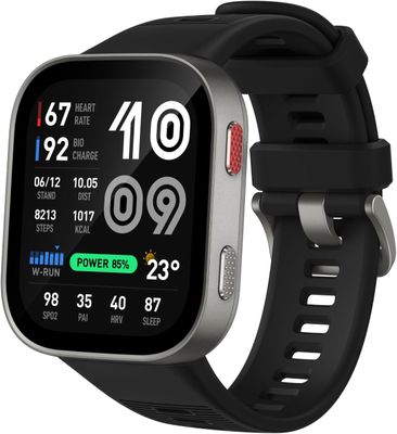 a smart watch with a black band on a white background