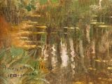 an oil painting of a pond with water lilies and trees