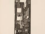 a black and white drawing of a street scene with buildings
