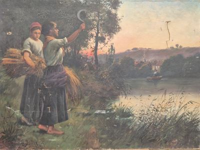 un tableau représentant deux femmes debout au bord d'une rivière