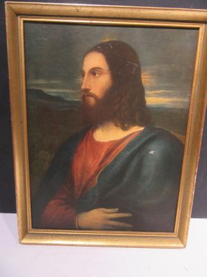 painting of a man with long hair and a beard in a gold frame