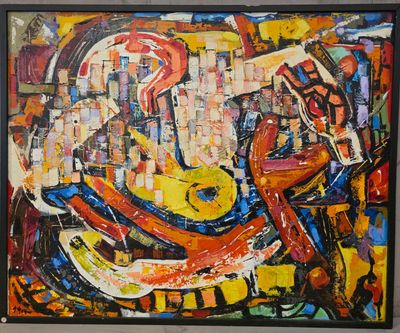 tableau représentant une peinture abstraite colorée, encadrée d'un cadre noir, accrochée au mur