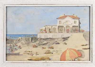 a picture of a painting of a house on the beach