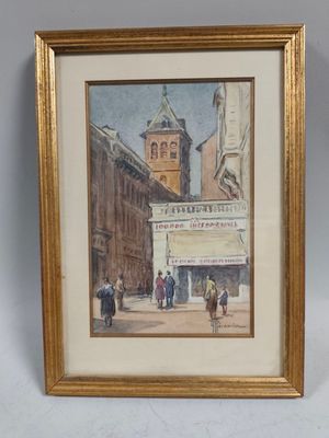 tableau encadré représentant des personnes marchant dans une rue de la ville