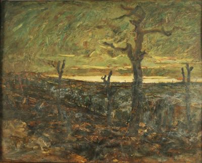 tableau représentant un tableau d'un arbre dans un champ, avec le ciel en arrière-plan