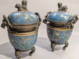 paire d'urnes chinoises recouvertes d'émail cloisonné, posées sur des socles