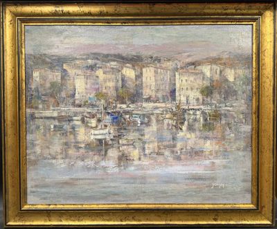 une peinture à l'huile représentant des bateaux dans un port avec des bâtiments à l'arrière-plan