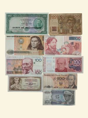 a lot of different bank notes on a white background