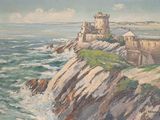 un tableau représentant un phare situé sur une falaise au bord de la mer