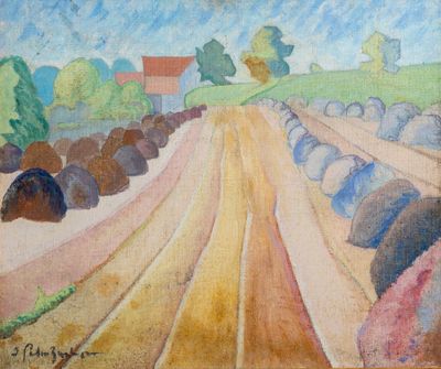 an image of a painting of a field with a house in the distance