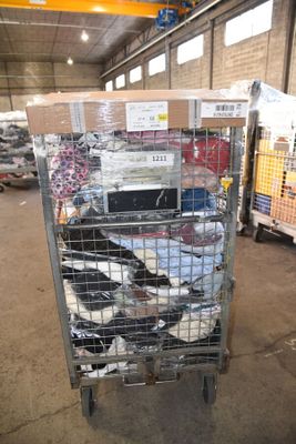 a cart with a lot of items in it in a warehouse