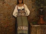 painting of a woman standing in front of a brick wall