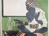 une vieille affiche représentant une femme en train de cuisiner devant une fenêtre