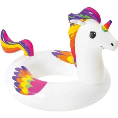 une bouée gonflable en forme de licorne, ornée d'une crinière arc-en-ciel
