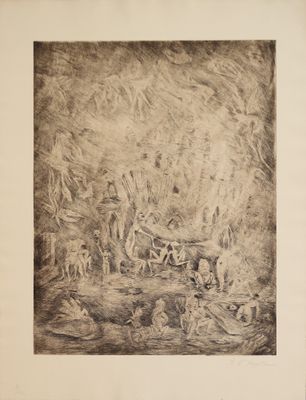 une image représentant un dessin d'un groupe de personnes dans une forêt