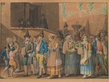 painting of a group of people standing in front of a building
