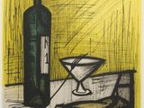une image représentant un dessin d'une bouteille de vin et d'un verre posés sur une table