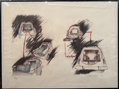 three drawings of cars that are on display in a frame