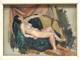 painting of a female nude reclining on a green chair