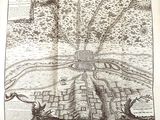 an old book with a drawing of a castle on it