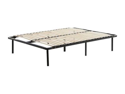 a close up of a metal bed frame with wooden slats