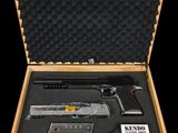 a wooden case with a gun and other items in it