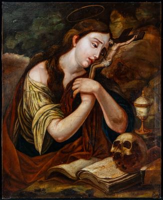 an image of a painting of a woman reading a book with a skull