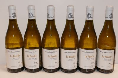 six bouteilles de vin blanc sont alignées sur une table