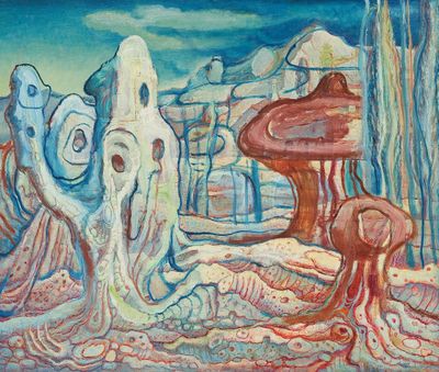 une peinture à l'huile représentant un ensemble d'objets à l'aspect étrange dans un champ
