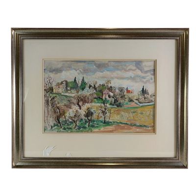 tableau encadré représentant une scène de vie à la ferme avec des vaches et une maison