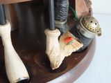 a wooden table with a bunch of different items on it